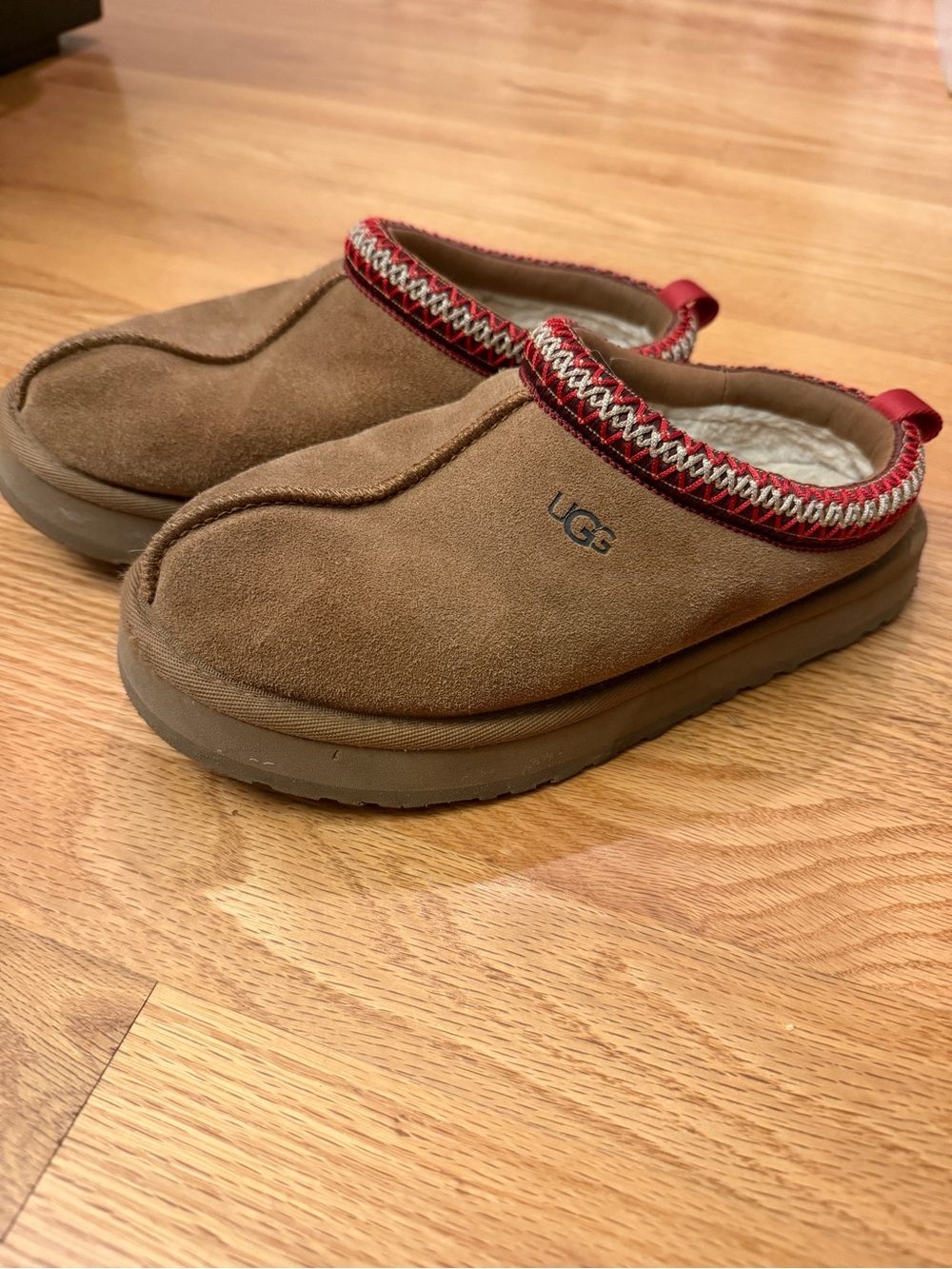 UGG Kids Brown Suede Slip-On Clogs with Red Trim
